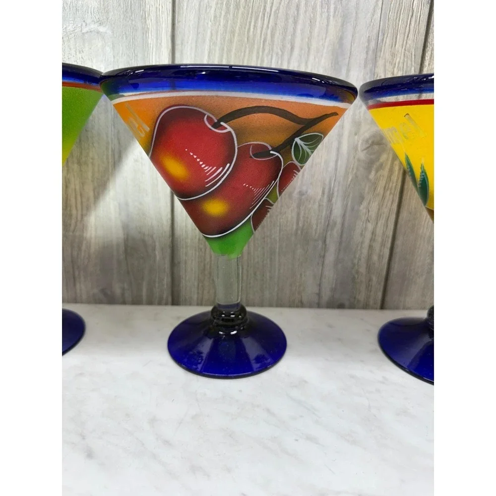 Set of 4 Hand Painted Mexican Martini Glasses Cozumel Cobalt Blue Rim 7in